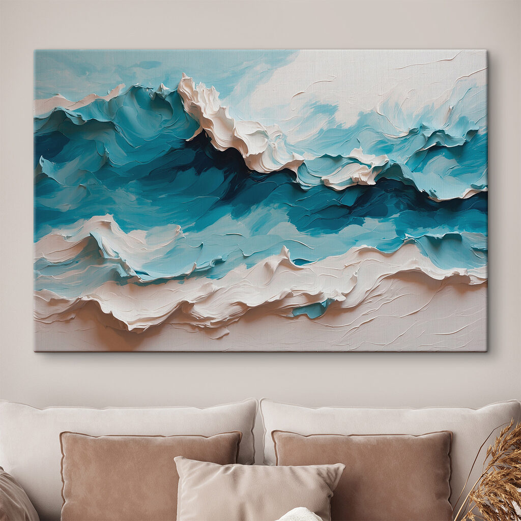 Painting of a mountain with white and blue waves