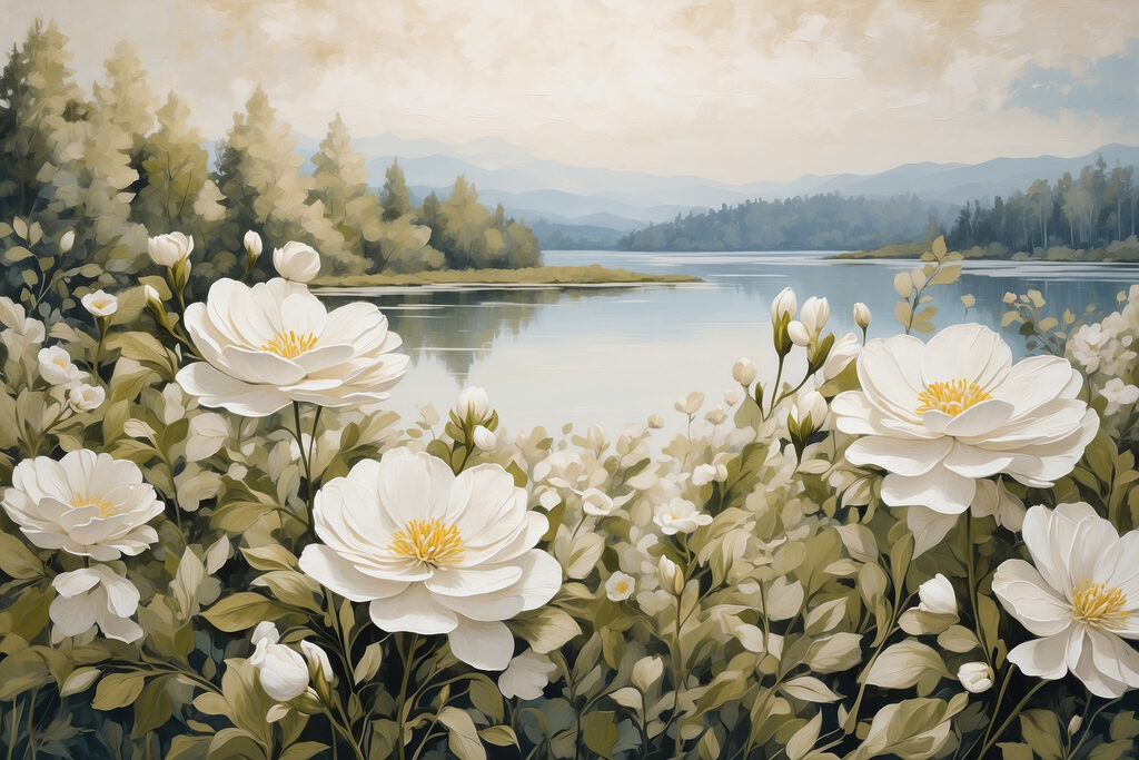 Painting of flowers by a lake