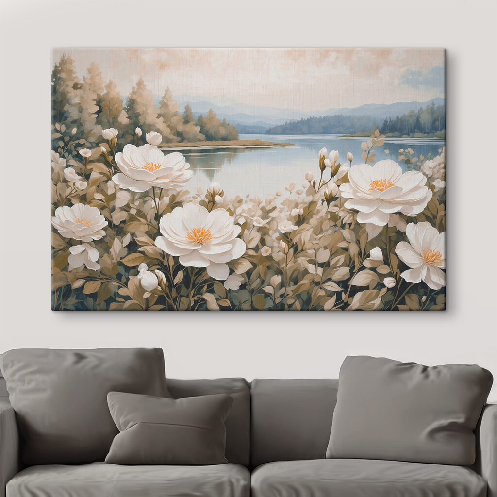 Painting of flowers by a lake