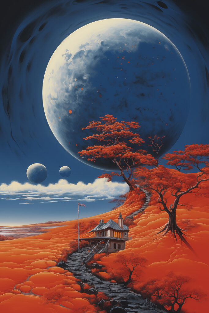 House on a hill with orange trees and a large moon House on a hill with orange trees and a large moon