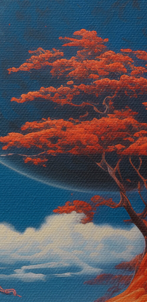 House on a hill with orange trees and a large moon House on a hill with orange trees and a large moon