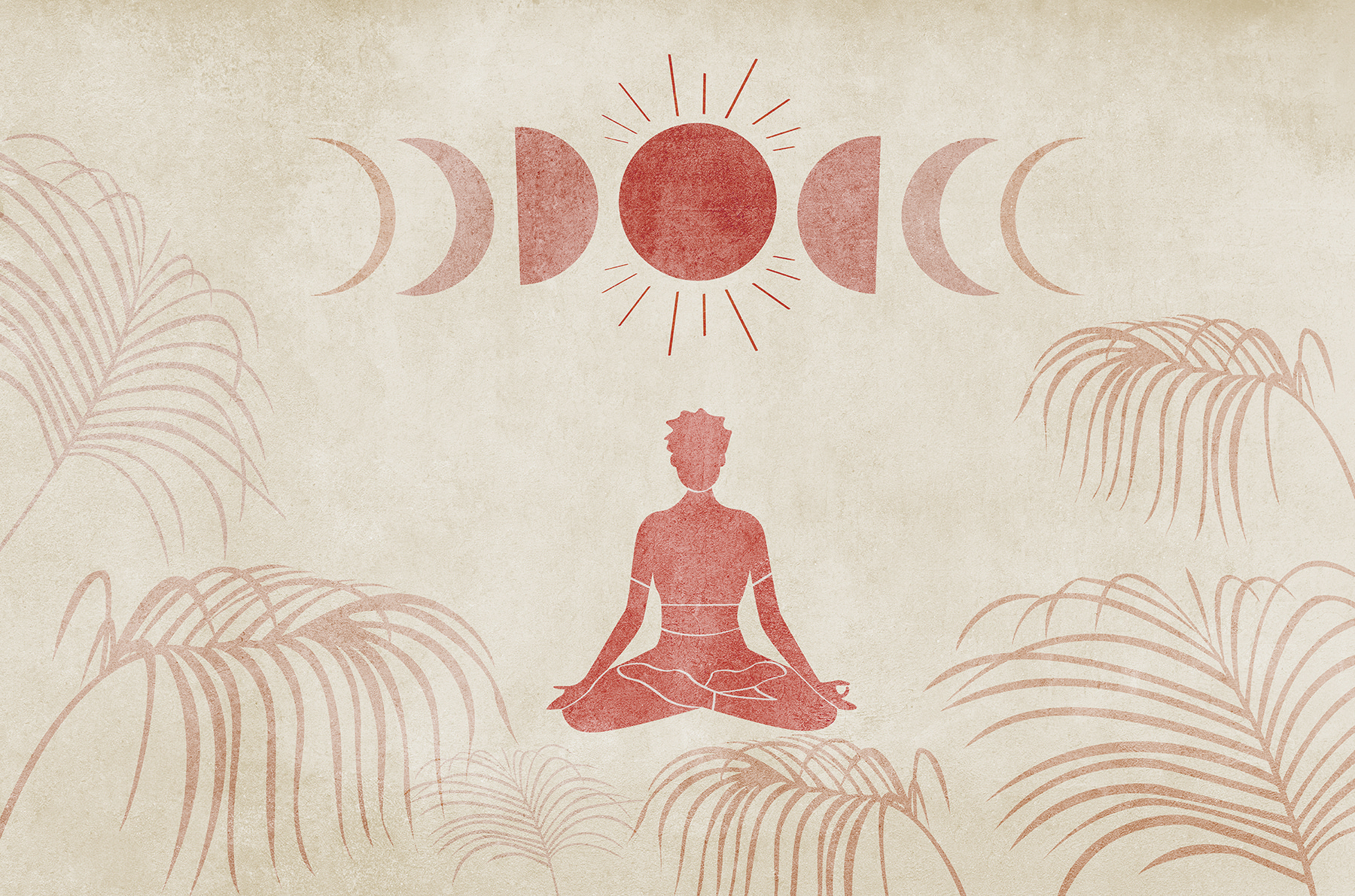 Person sitting in a lotus position with a sun and palm trees