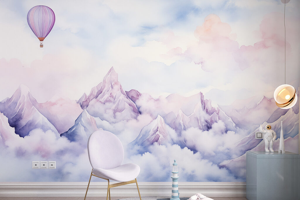 Painting of a mountain range with a balloon in the sky