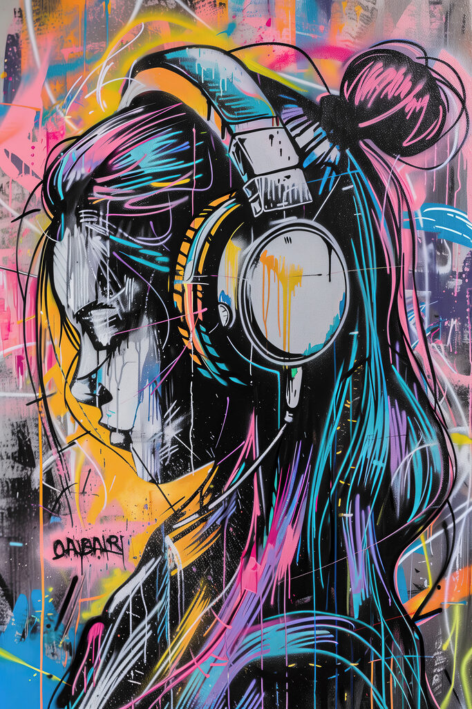 Graffiti of a woman with headphones