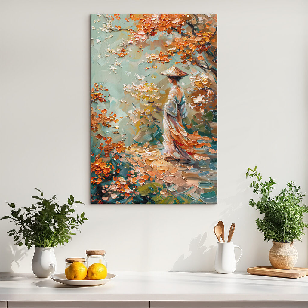 Painting of a woman walking in a park Painting of a woman walking in a park