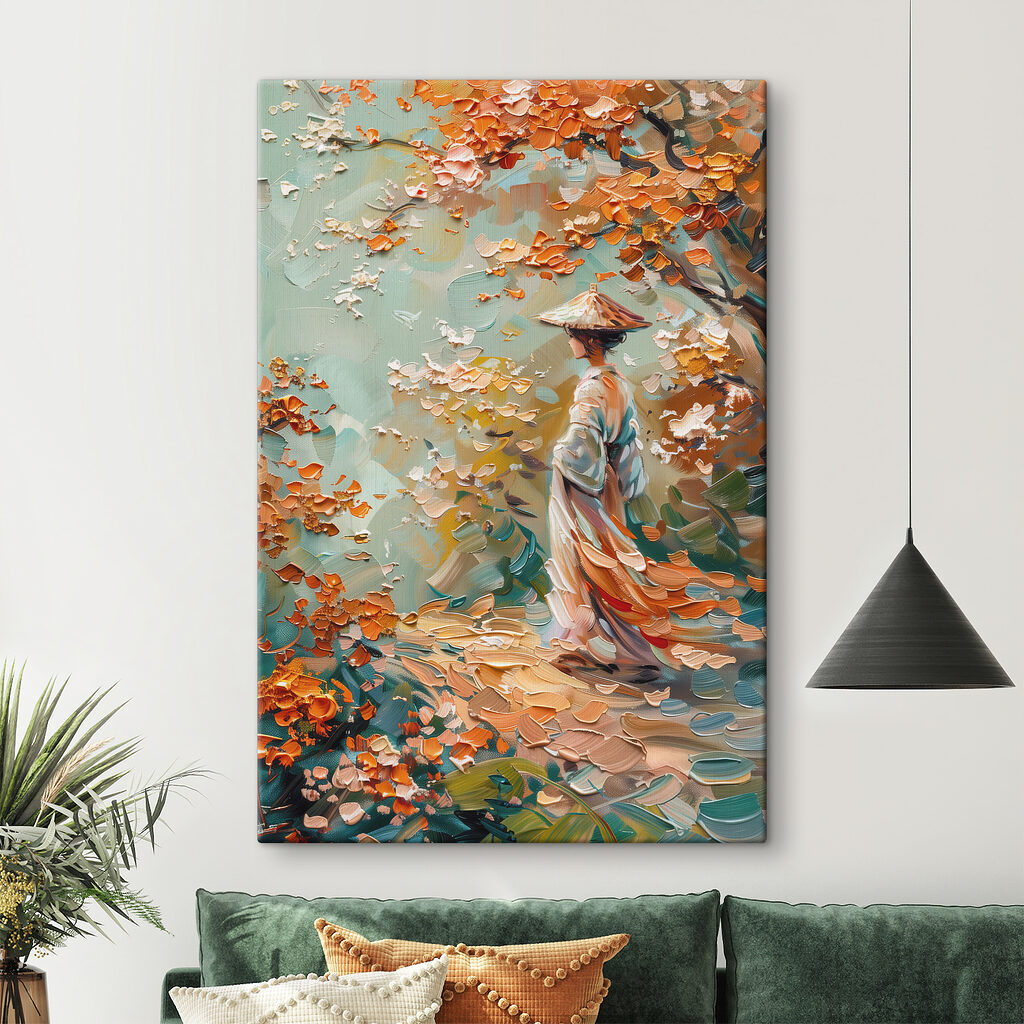 Painting of a woman walking in a park Painting of a woman walking in a park