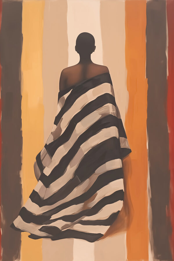 Woman wrapped in a striped blanket