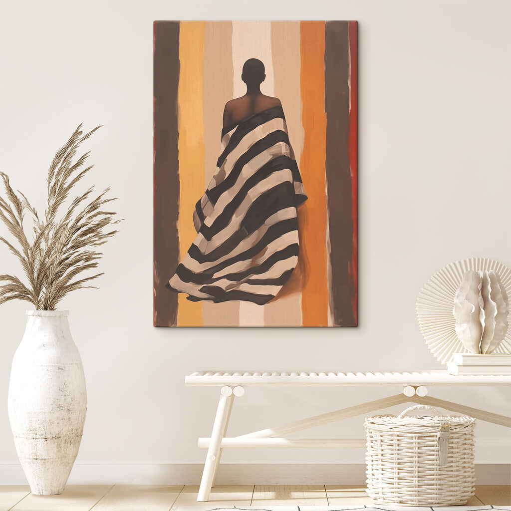 Woman wrapped in a striped blanket
