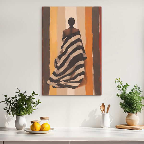 Woman wrapped in a striped blanket