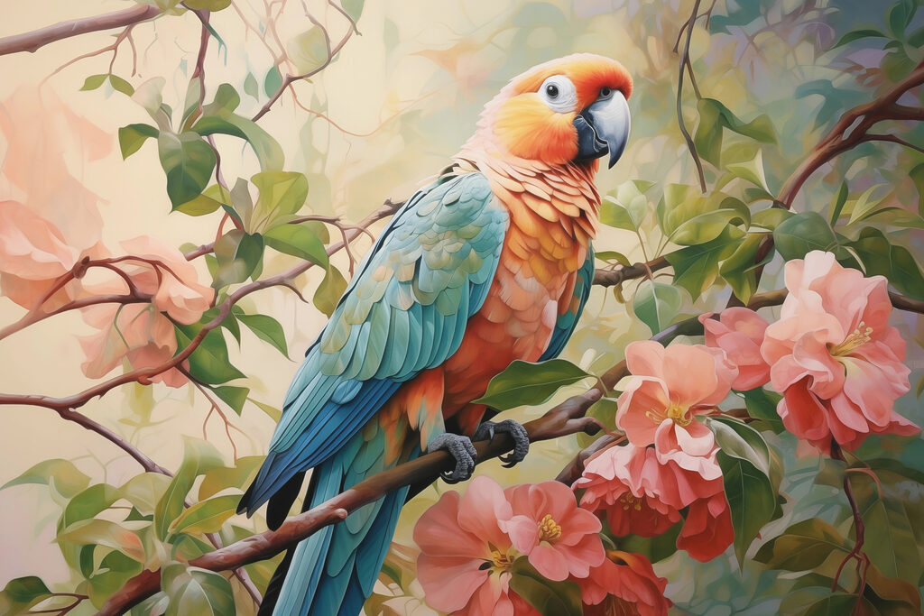 Colorful bird sitting on a branch with flowers Colorful bird sitting on a branch with flowers