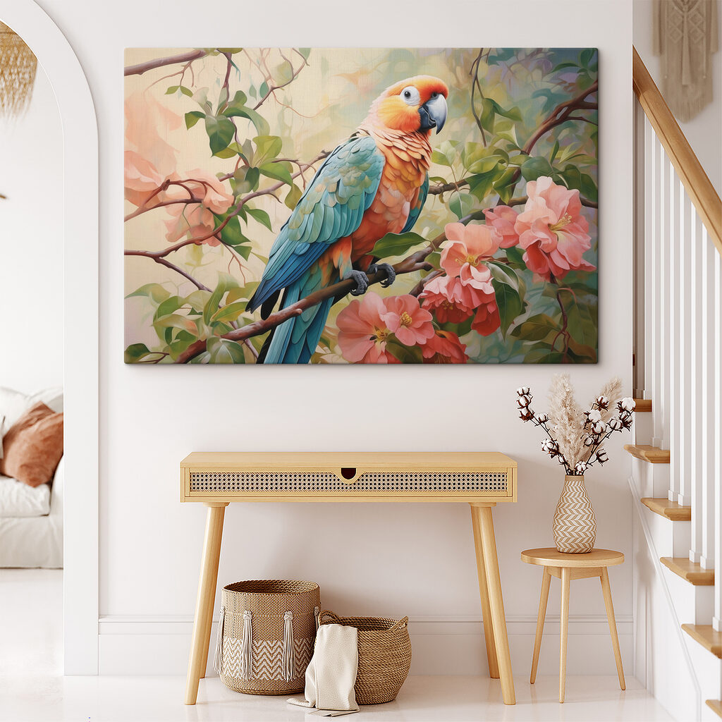 Colorful bird sitting on a branch with flowers Colorful bird sitting on a branch with flowers