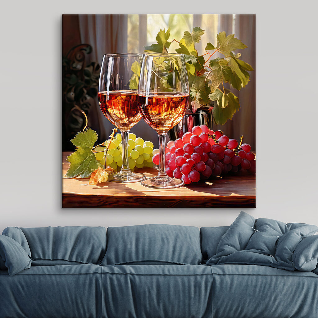 Two glasses of wine next to grapes