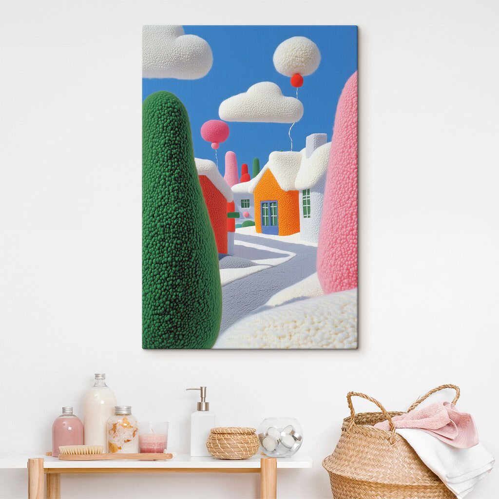Cartoon town with trees and balloons