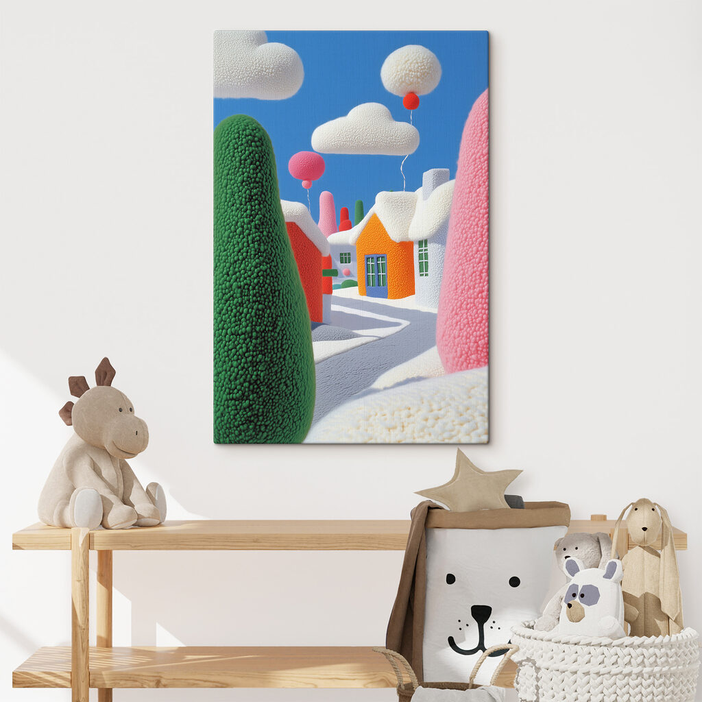 Cartoon town with trees and balloons