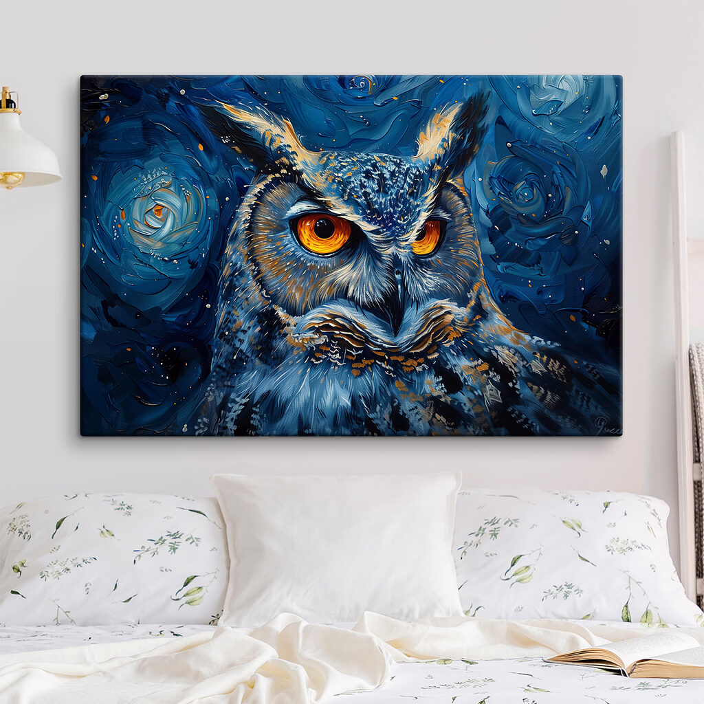 An owl with orange eyes