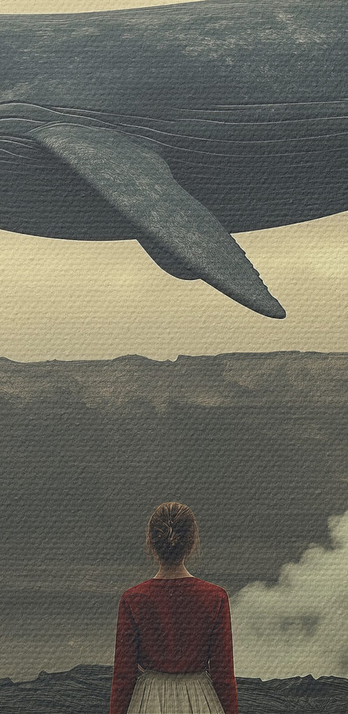 Woman looking at a whale flying over a volcano