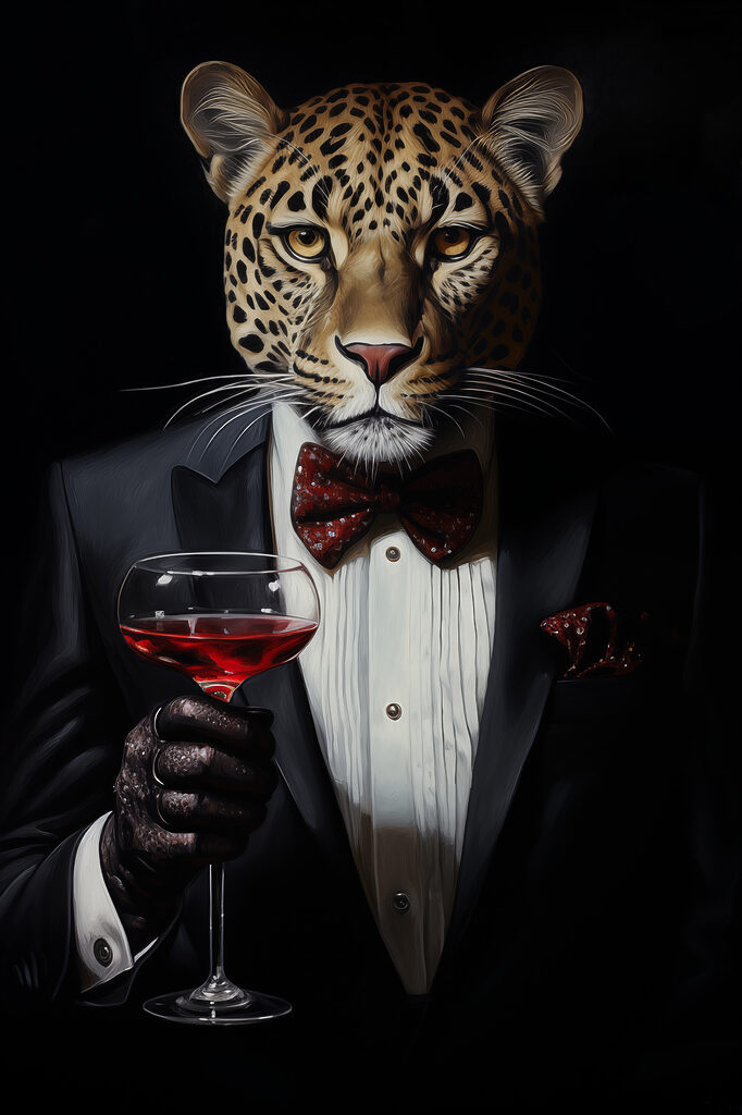 Leopard wearing a suit and bow tie holding a wine glass Leopard wearing a suit and bow tie holding a wine glass