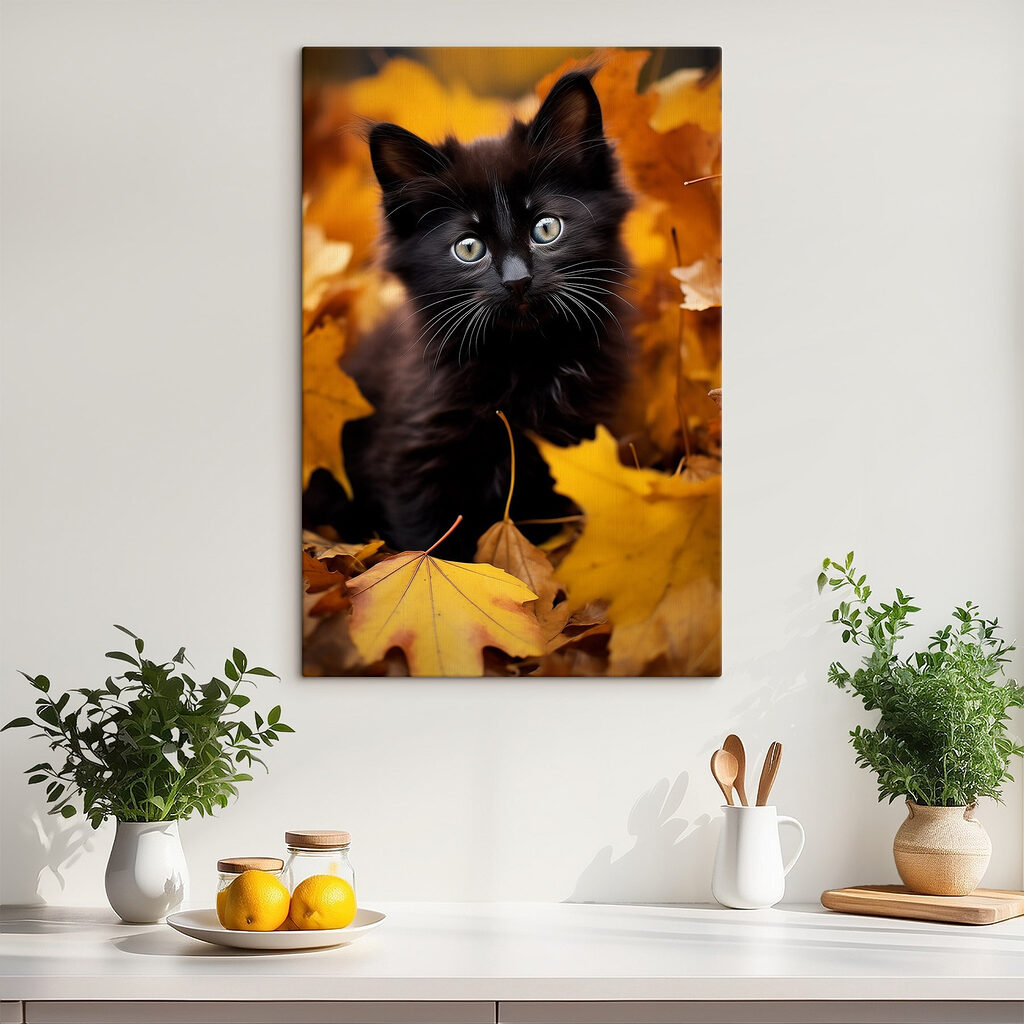 Black kitten in a pile of leaves Black kitten in a pile of leaves
