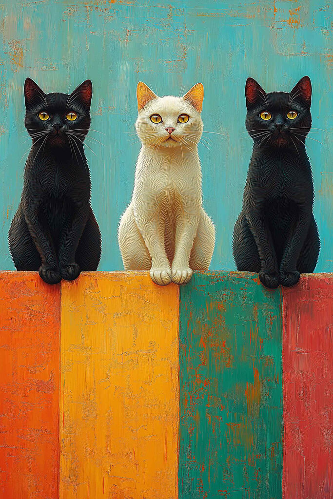 Three cats enjoying colorful scenery Three cats enjoying colorful scenery