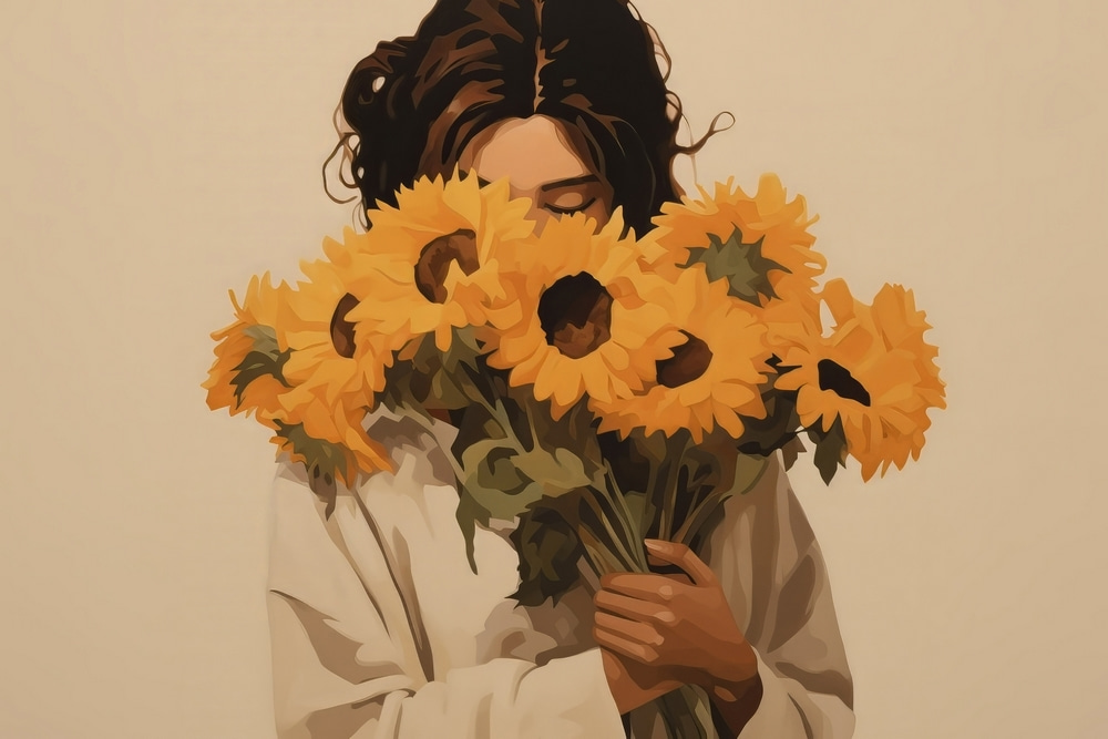 Woman holding a bouquet of sunflowers