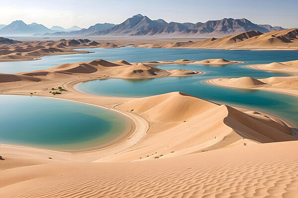Desert with water and mountains in the background Desert with water and mountains in the background