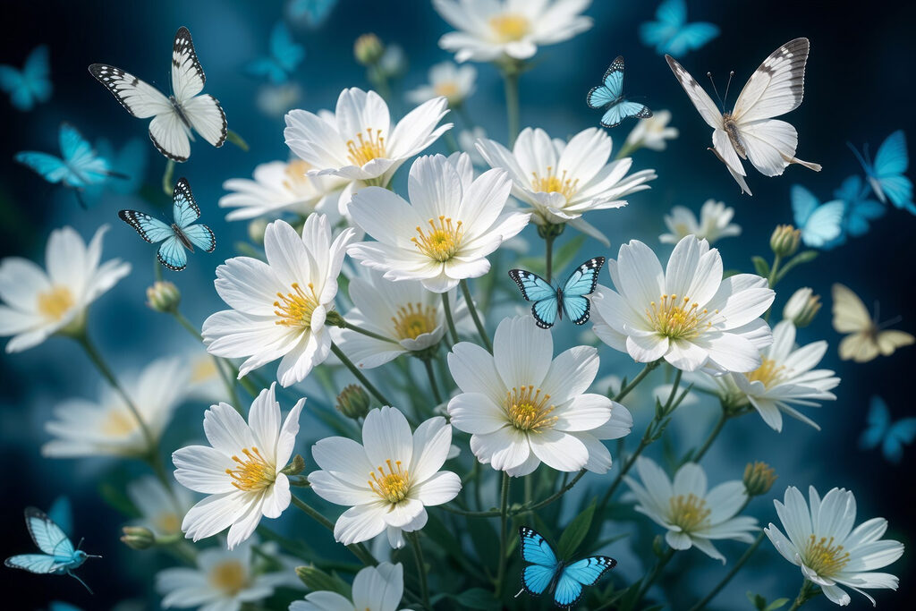Group of butterflies flying around a white flowers Group of butterflies flying around a white flowers