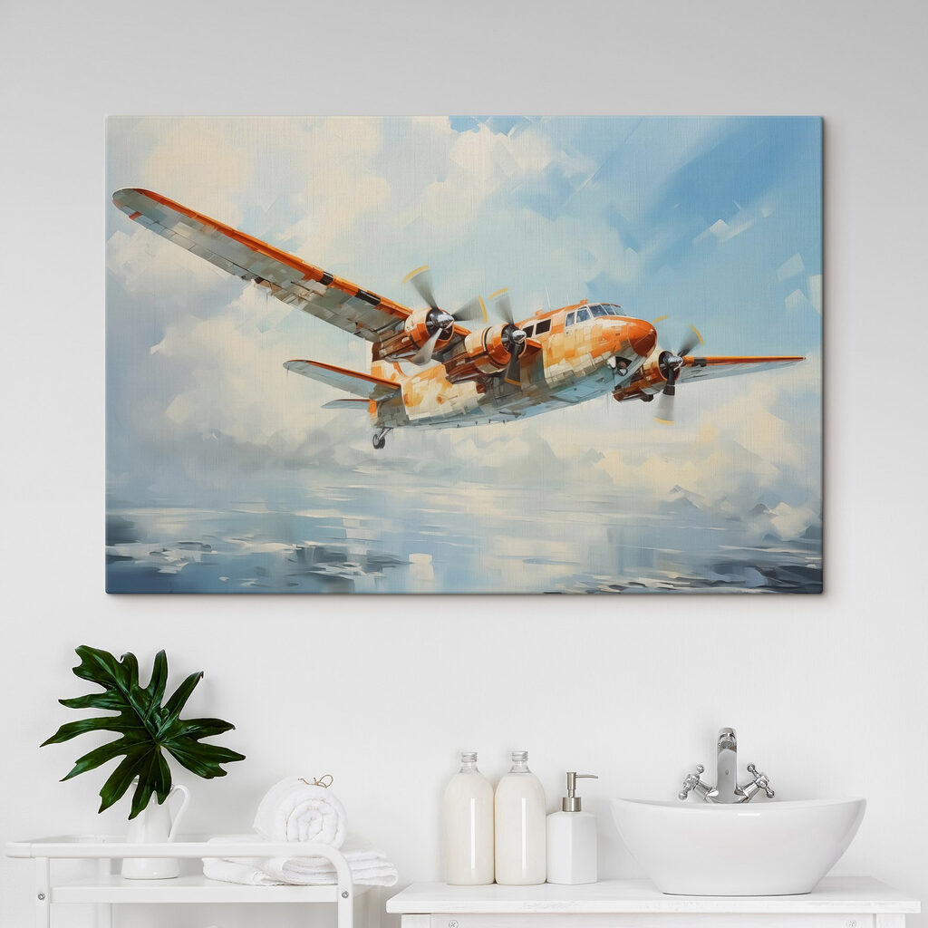 An orange and white airplane flying in the sky