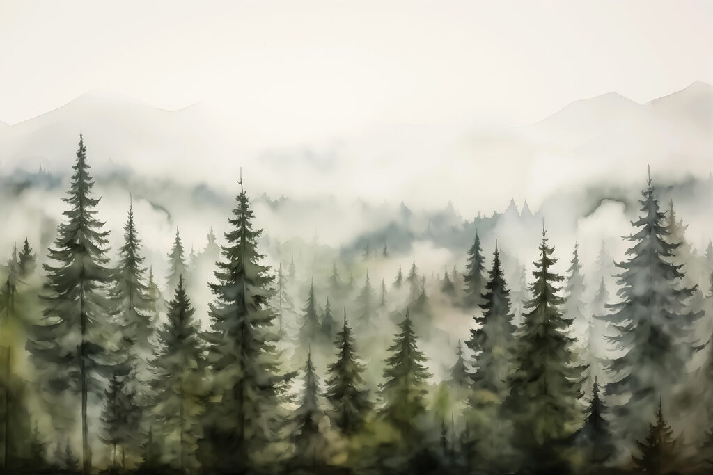 Foggy forest with trees Foggy forest with trees