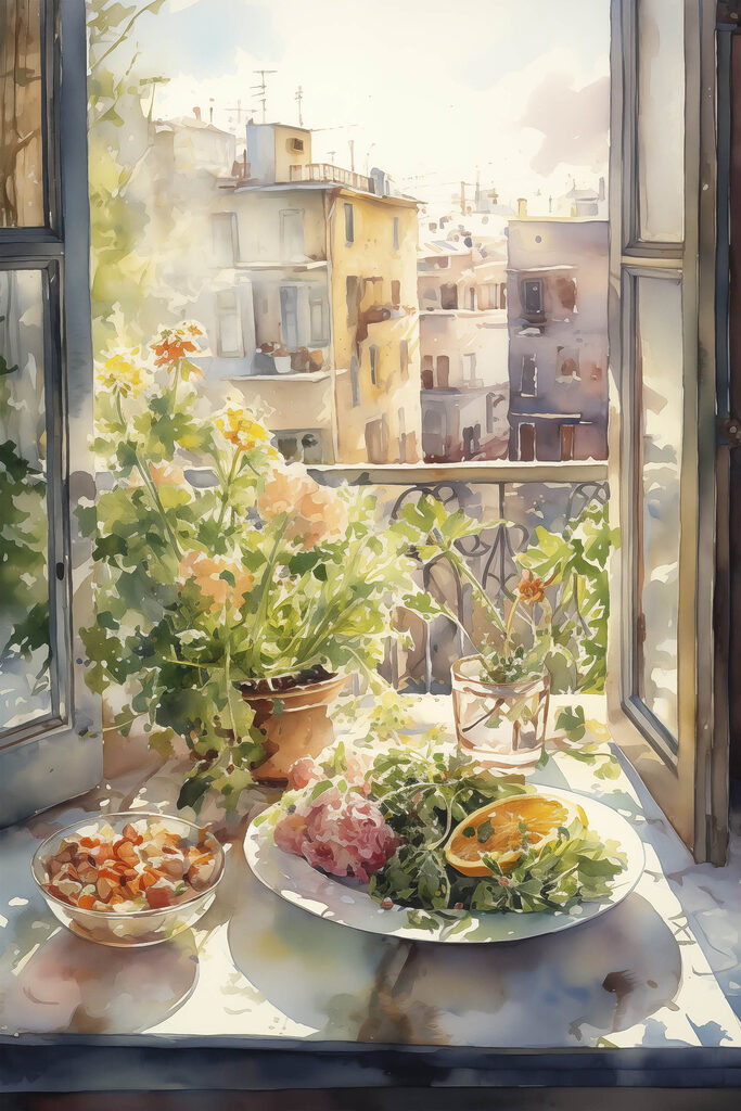 Watercolor painting of a table with food and flowers in front of a window Watercolor painting of a table with food and flowers in front of a window
