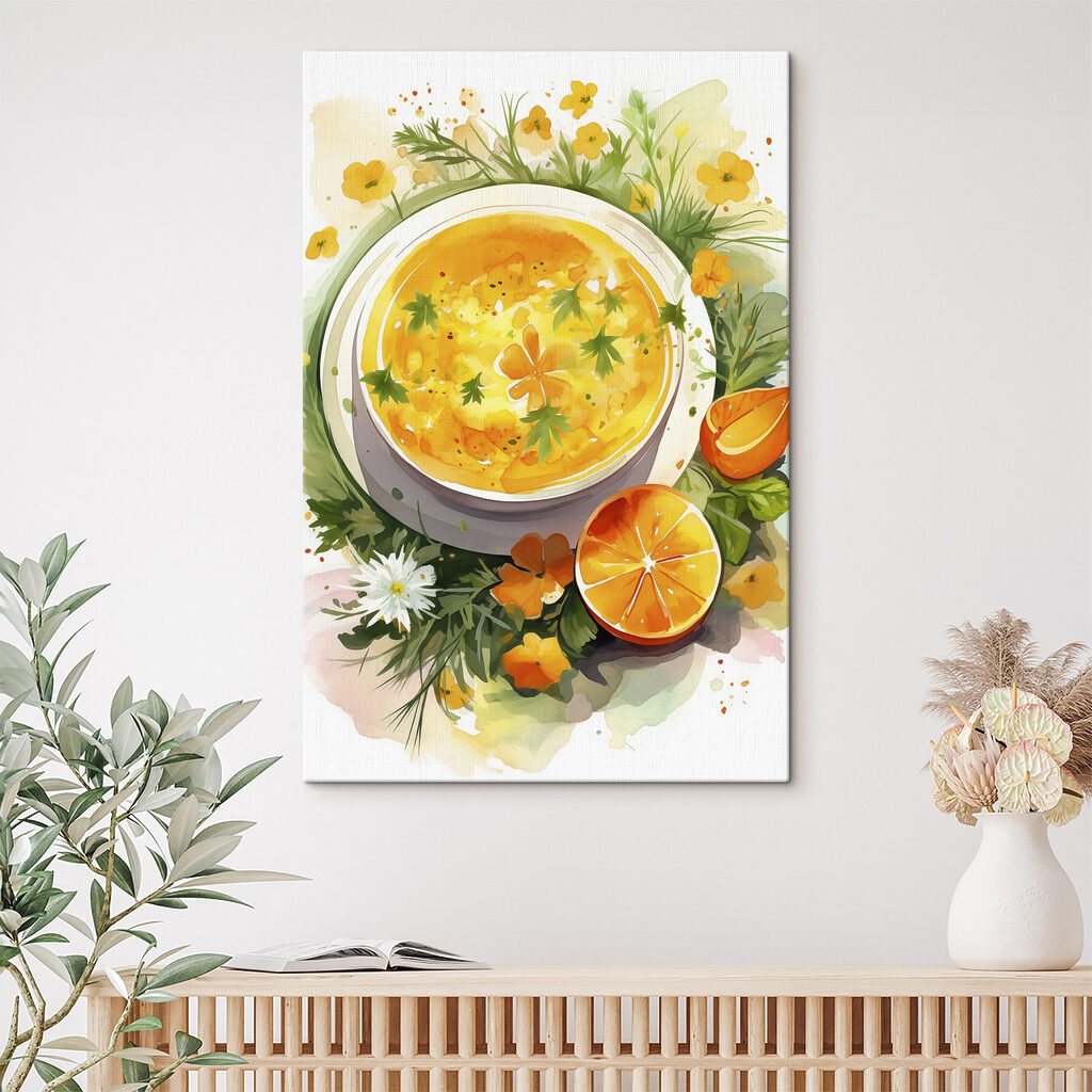 Bowl of orange soup with flowers and leaves