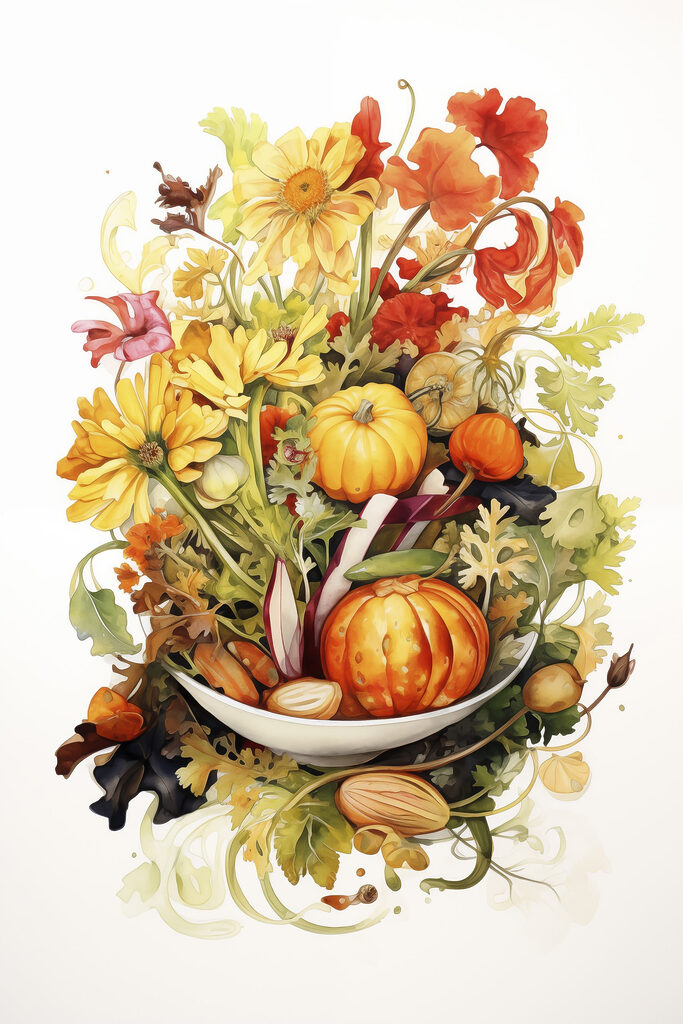 Watercolor painting of vegetables and flowers Watercolor painting of vegetables and flowers