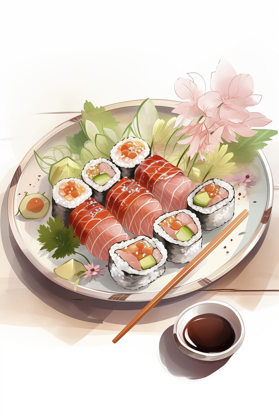 Talerz sushi z sosem i kwiatami Talerz sushi z sosem i kwiatami