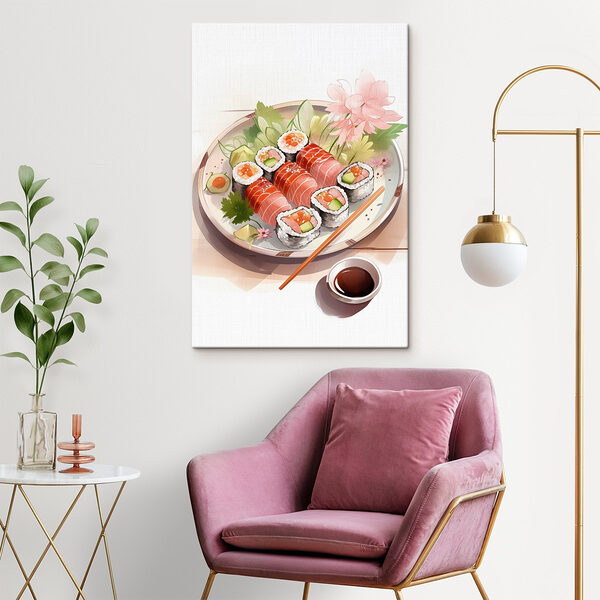 Talerz sushi z sosem i kwiatami Talerz sushi z sosem i kwiatami