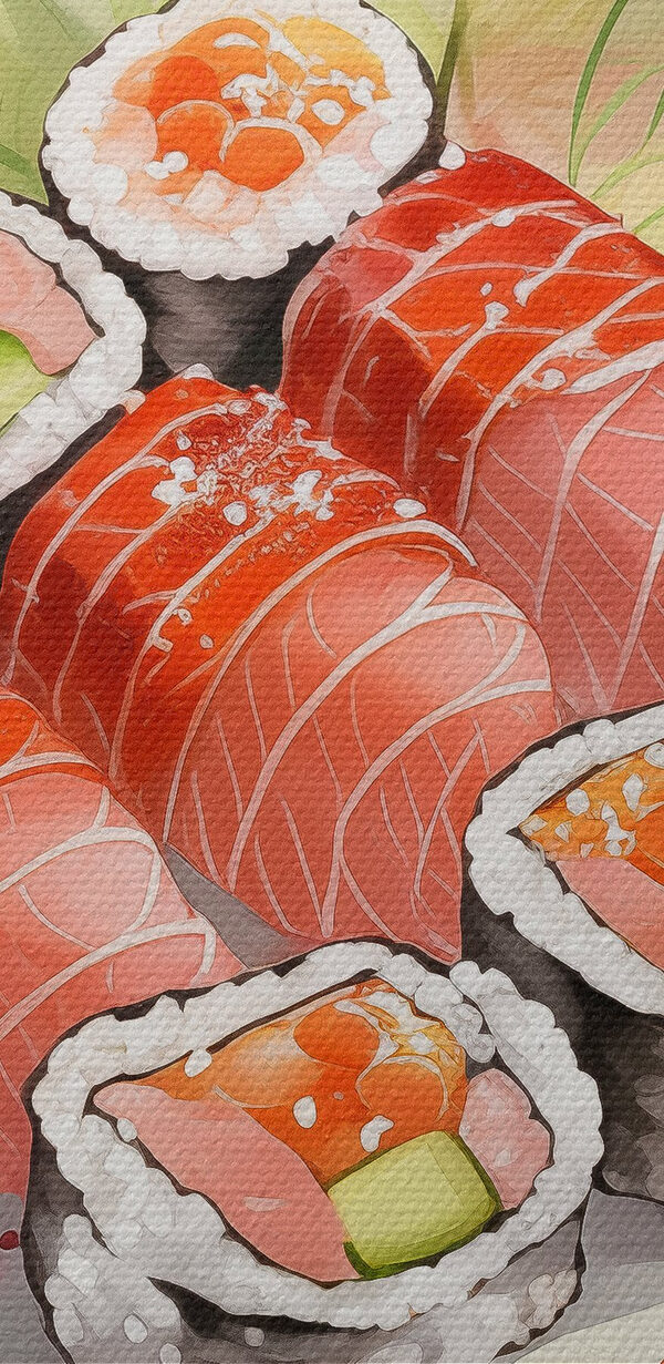 Talerz sushi z sosem i kwiatami Talerz sushi z sosem i kwiatami