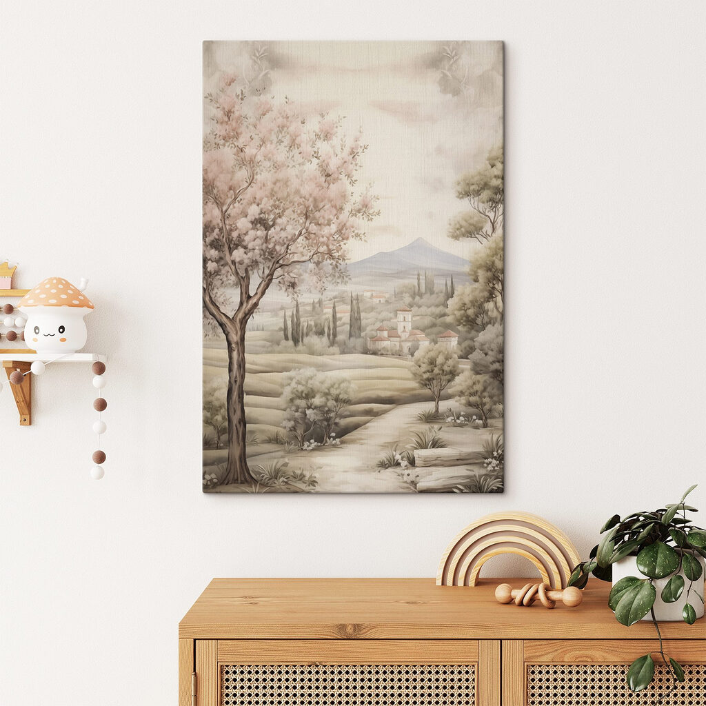 Painting of a landscape with trees and a building Painting of a landscape with trees and a building
