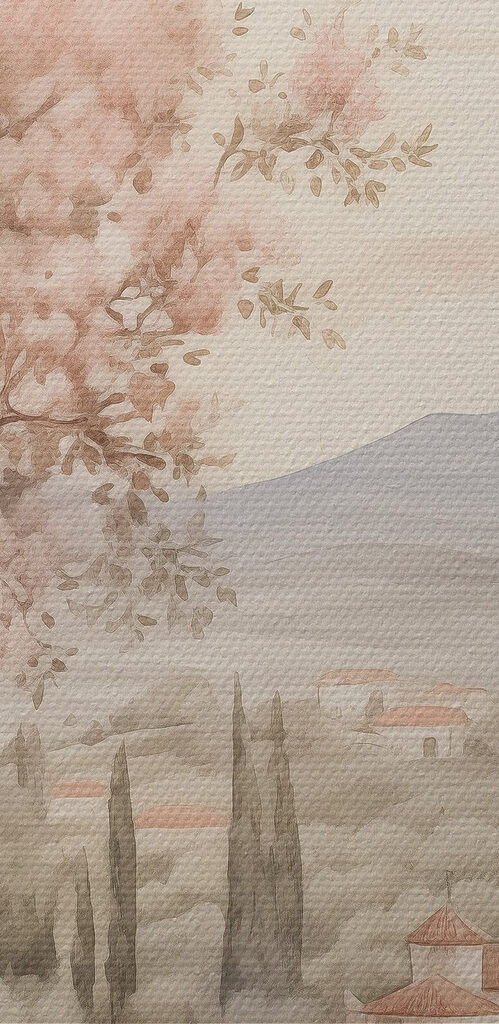 Painting of a landscape with trees and a building Painting of a landscape with trees and a building