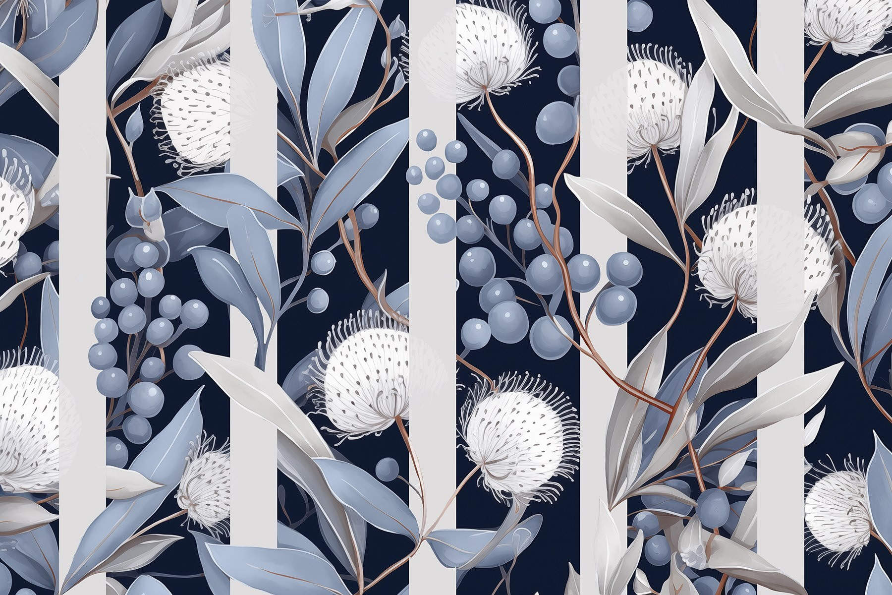 Floral pattern with blue and white flowers and leaves