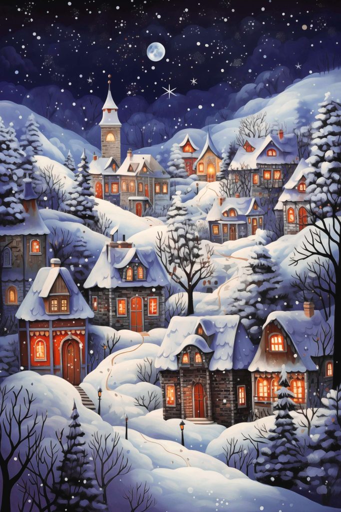 Painting of a snowy village Painting of a snowy village
