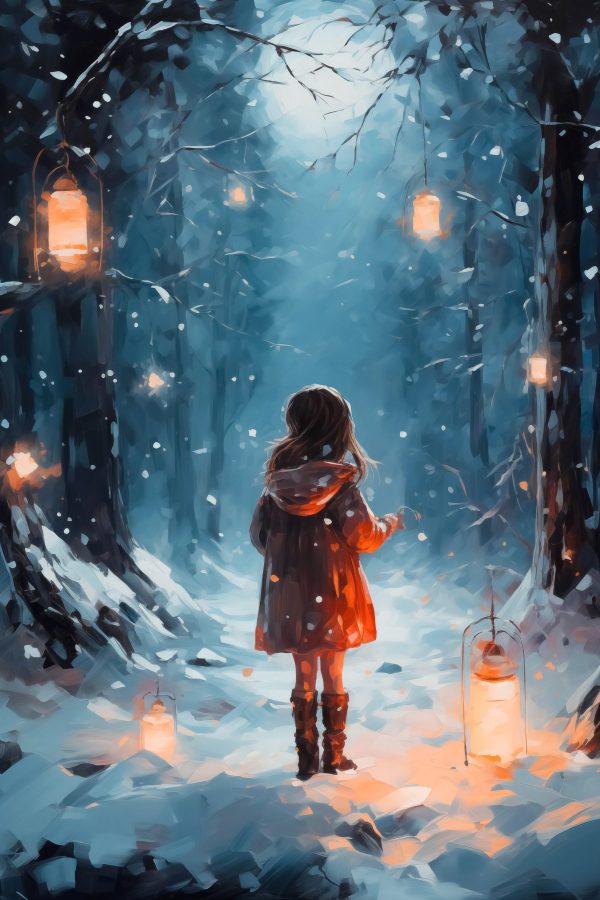 Girl standing in a snowy forest with lanterns Girl standing in a snowy forest with lanterns
