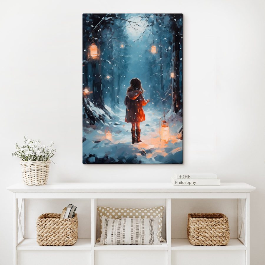 Girl standing in a snowy forest with lanterns Girl standing in a snowy forest with lanterns