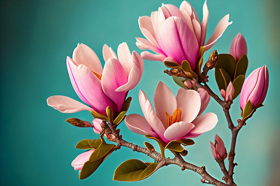 Magnolie kwitną na tle turkusowego nieba Magnolie kwitną na tle turkusowego nieba