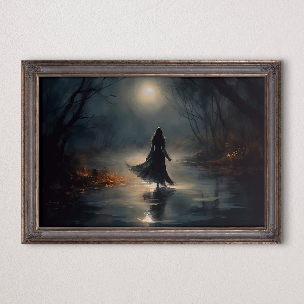 Woman walking in a dark forest