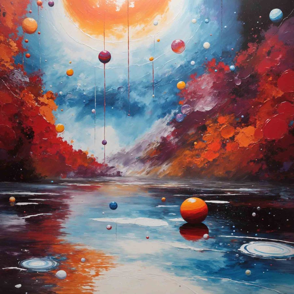 Painting of a lake with colorful balls and lights Painting of a lake with colorful balls and lights