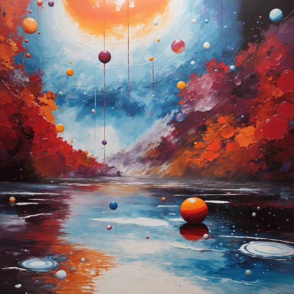 Painting of a lake with colorful balls and lights Painting of a lake with colorful balls and lights