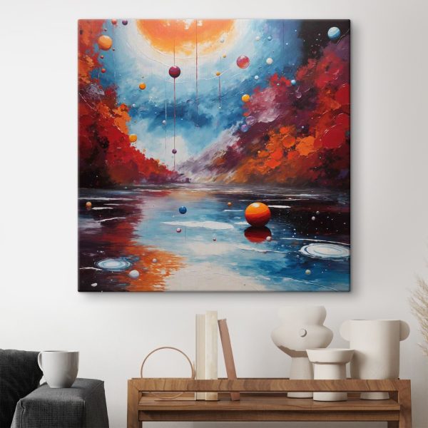 Painting of a lake with colorful balls and lights Painting of a lake with colorful balls and lights