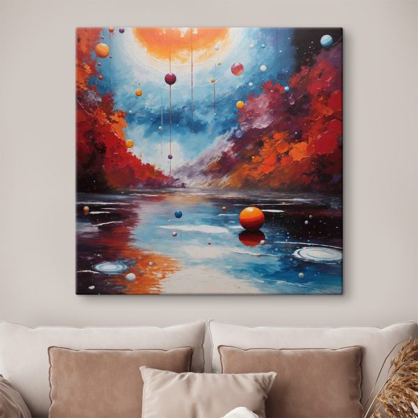 Painting of a lake with colorful balls and lights Painting of a lake with colorful balls and lights