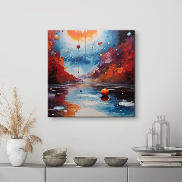 Painting of a lake with colorful balls and lights Painting of a lake with colorful balls and lights