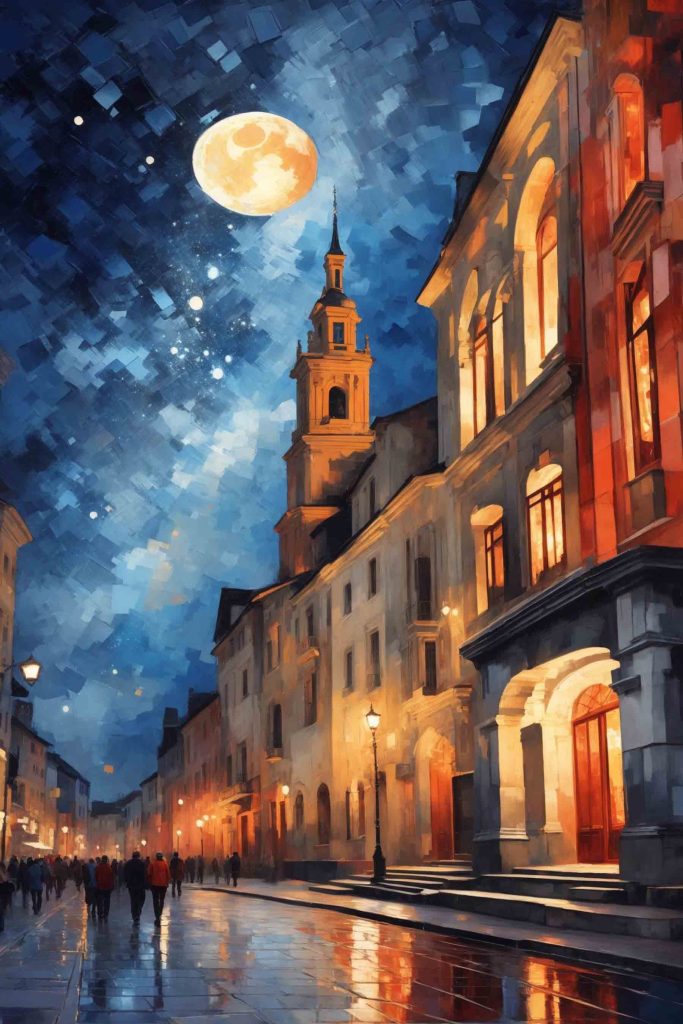 Street with buildings and a moon
