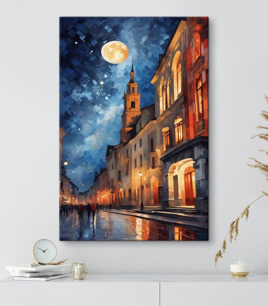 Street with buildings and a moon