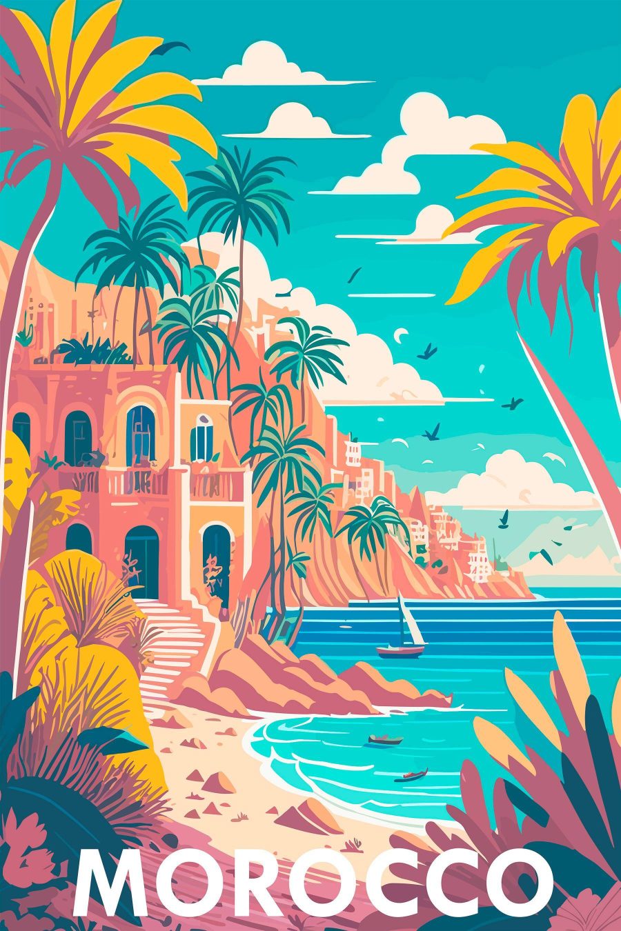 Plaża z palmami i budynkami